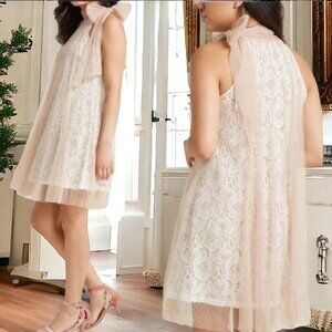 NWT (L) RYU AnthropologieCrochet & Tulle Lace Bow Neck Dress in Champagne